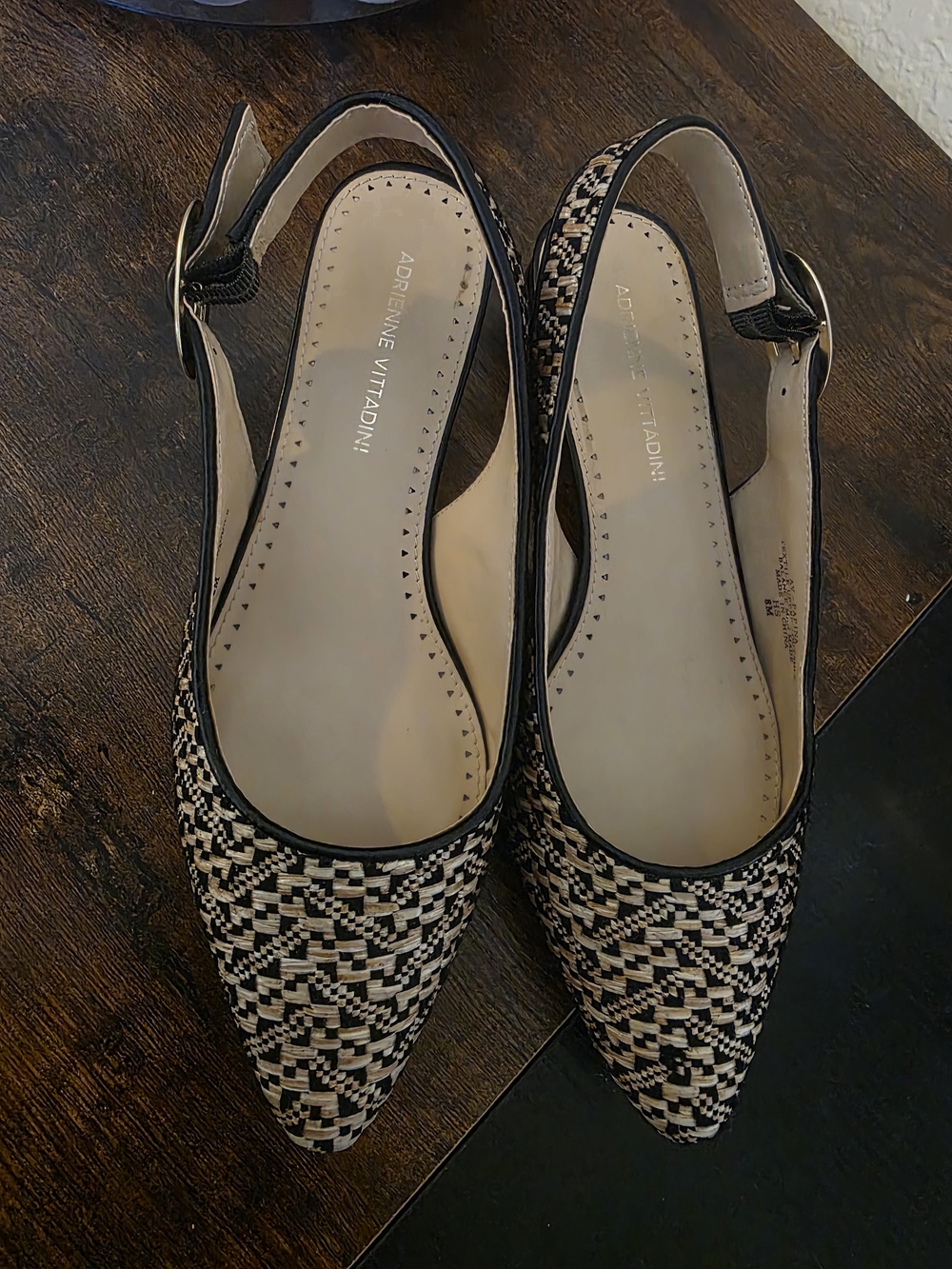 Adrienne Vittadini Black & Cream Woven Slingback Flats